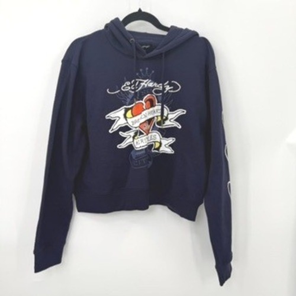 Ed Hardy Hoodie Women XL NWT Blue Y2K Style Grunge Punk Retro Streetwear Biker